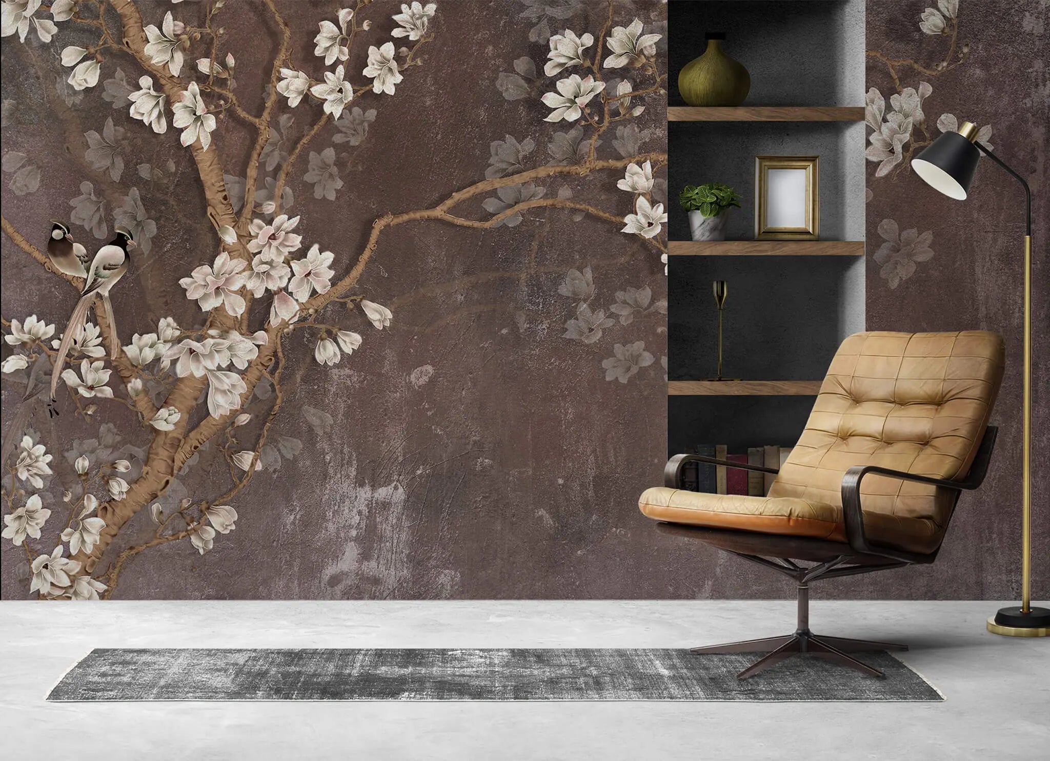 Tapet personalizat floral ramuri orientale inflorite pe un fundal maro texturat oriental blossom