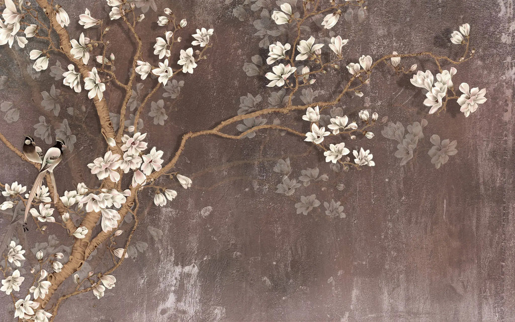 Tapet personalizat floral ramuri orientale inflorite pe un fundal maro texturat oriental blossom