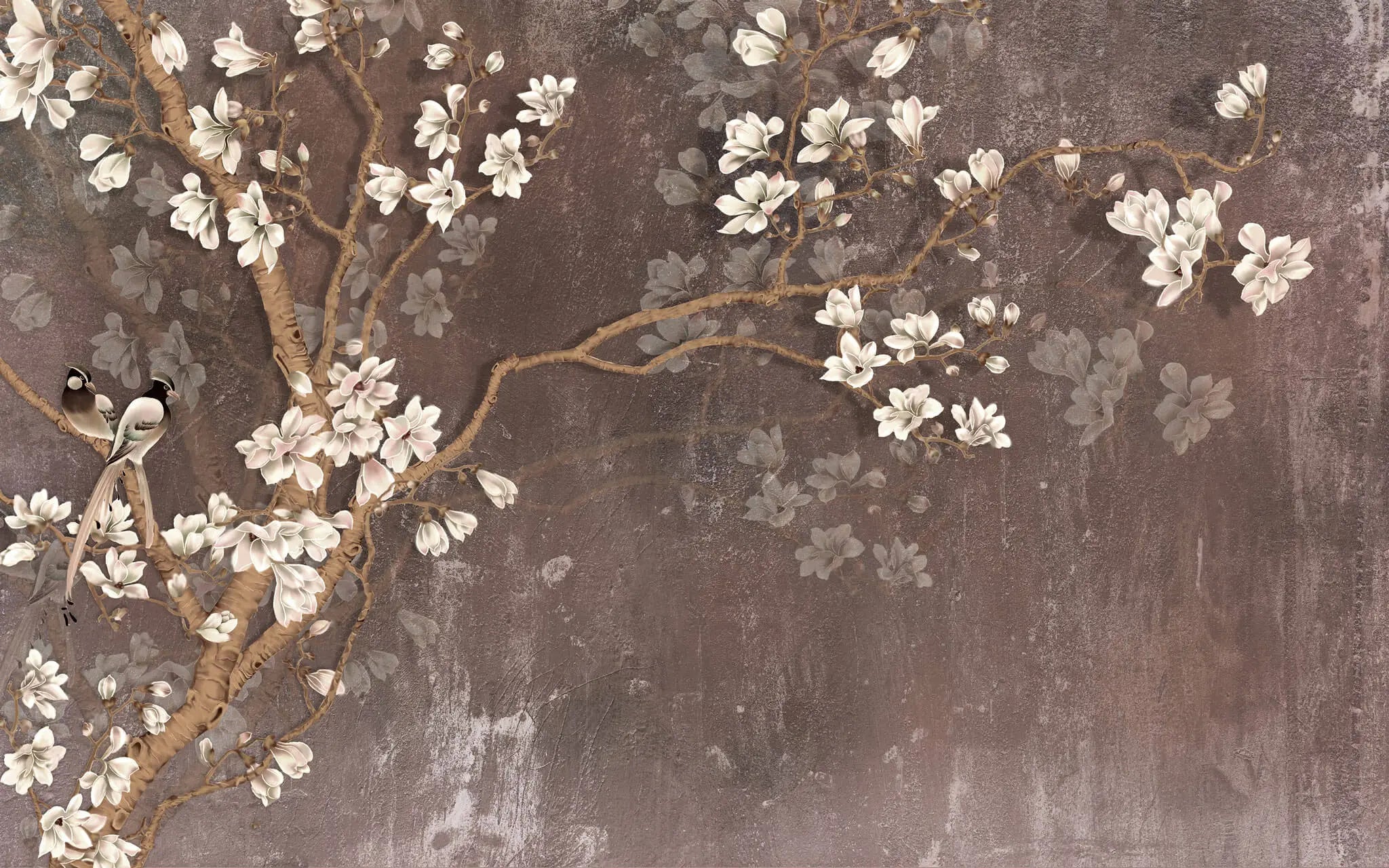 Tapet personalizat floral ramuri orientale inflorite pe un fundal maro texturat oriental blossom