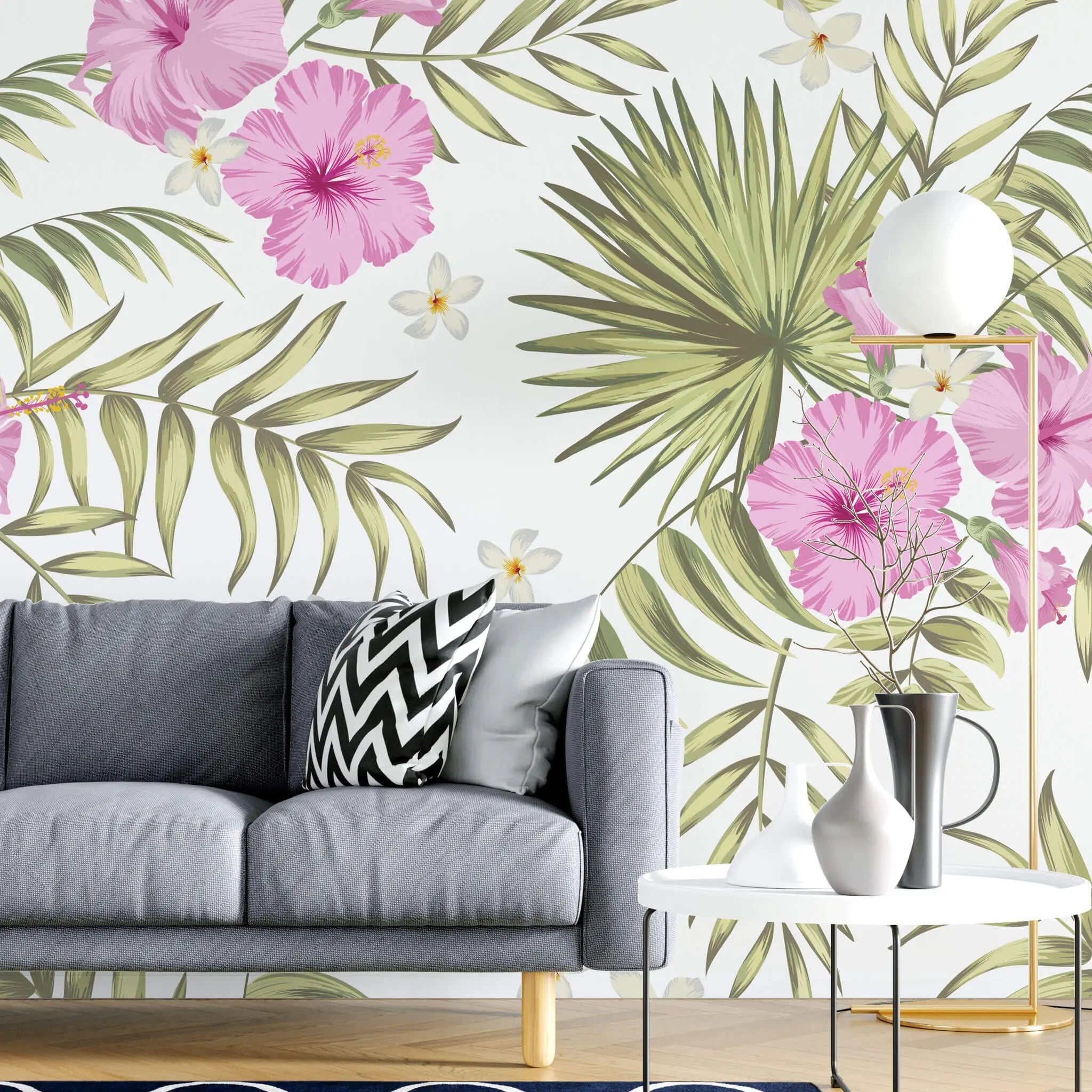 Tapet personalizat floral cu flori de hibiscus roz si alb si frunze de palmier apak pe un fundal alb palm hibiscus