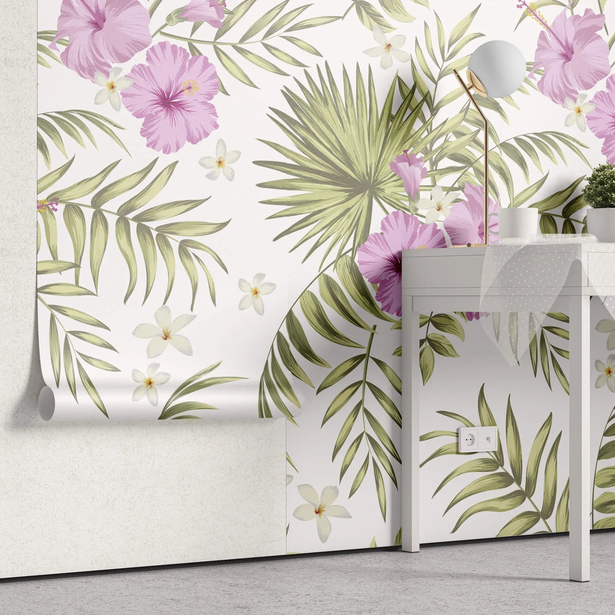 Tapet personalizat floral cu flori de hibiscus roz si alb si frunze de palmier apak pe un fundal alb palm hibiscus