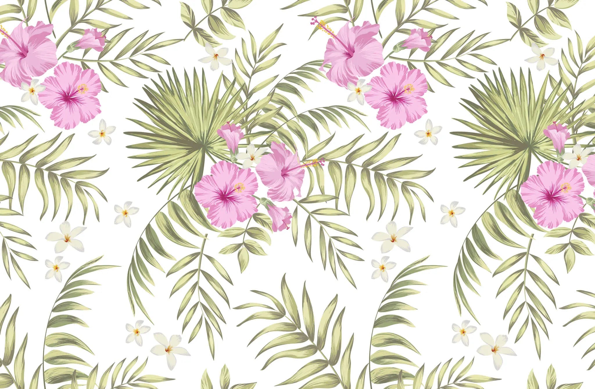 Tapet personalizat floral cu flori de hibiscus roz si alb si frunze de palmier apak pe un fundal alb palm hibiscus