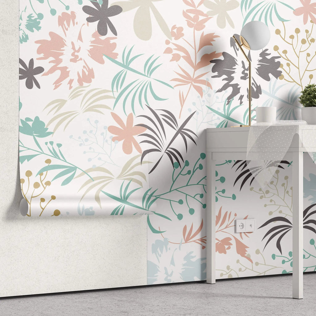 Tapet personalizat floral cu flori si frunze in culori pastelate pe un fundal alb pastel flowers