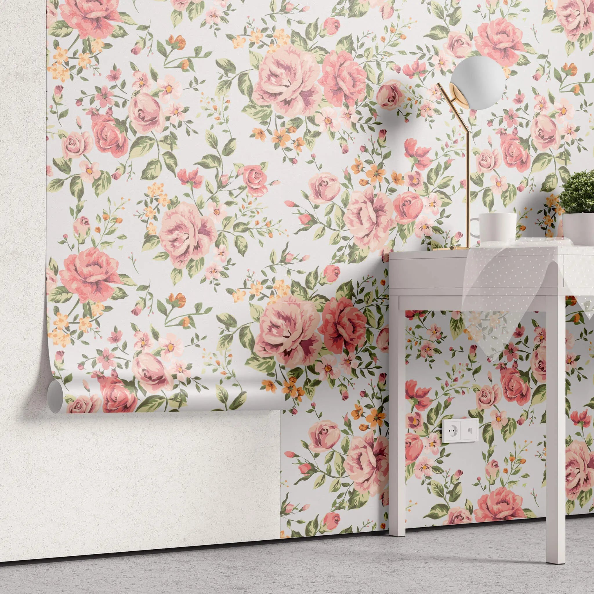 Tapet personalizat floral cu trandafiri infloriti in nuante de roz pastel pastel roses
