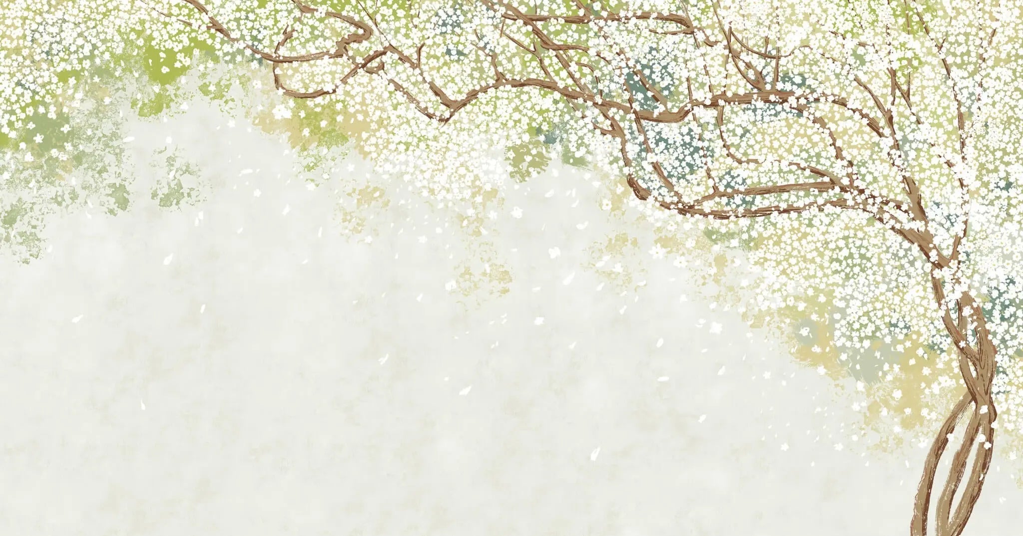 Tapet personalizat floral cu un copac inflorit alb pe un fundal vernil linistitor serenity tree