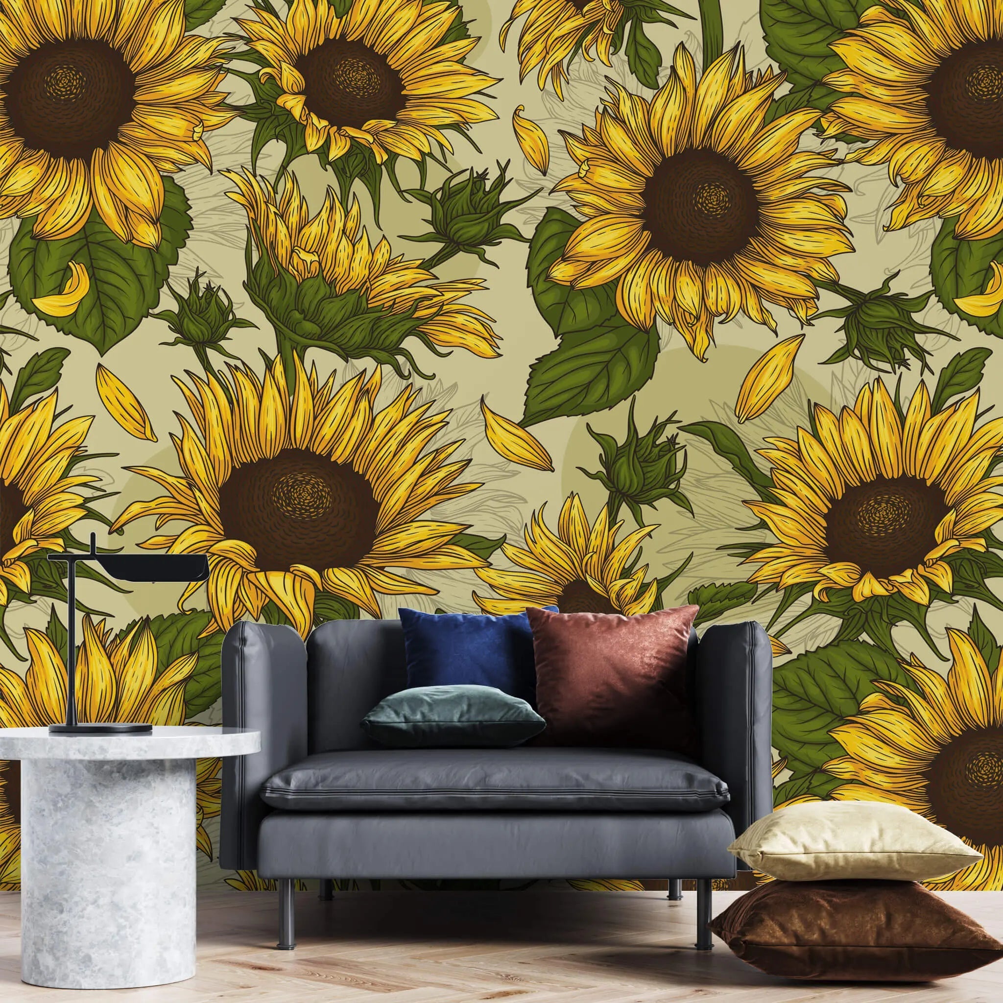 Tapet personalizat floral cu floarea soarelui cu efect de ilustratie sunflower field