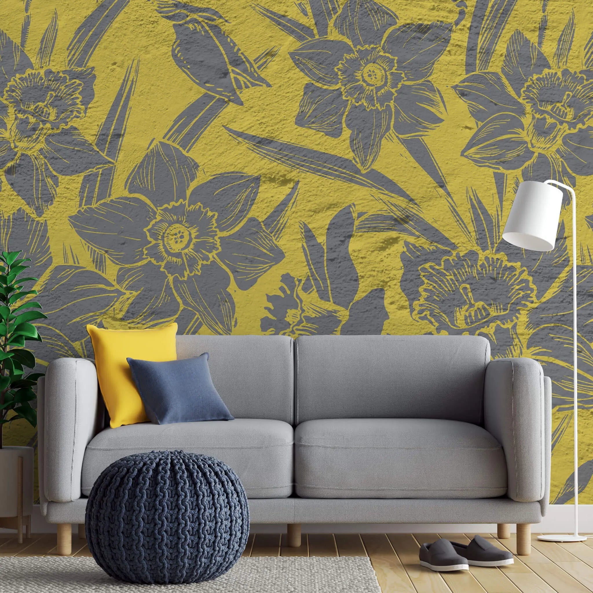 Tapet personalizat floral cu flori tropicale intr un contrast de galben gri cu efect de print pe beton in stil industrial tropical contrast