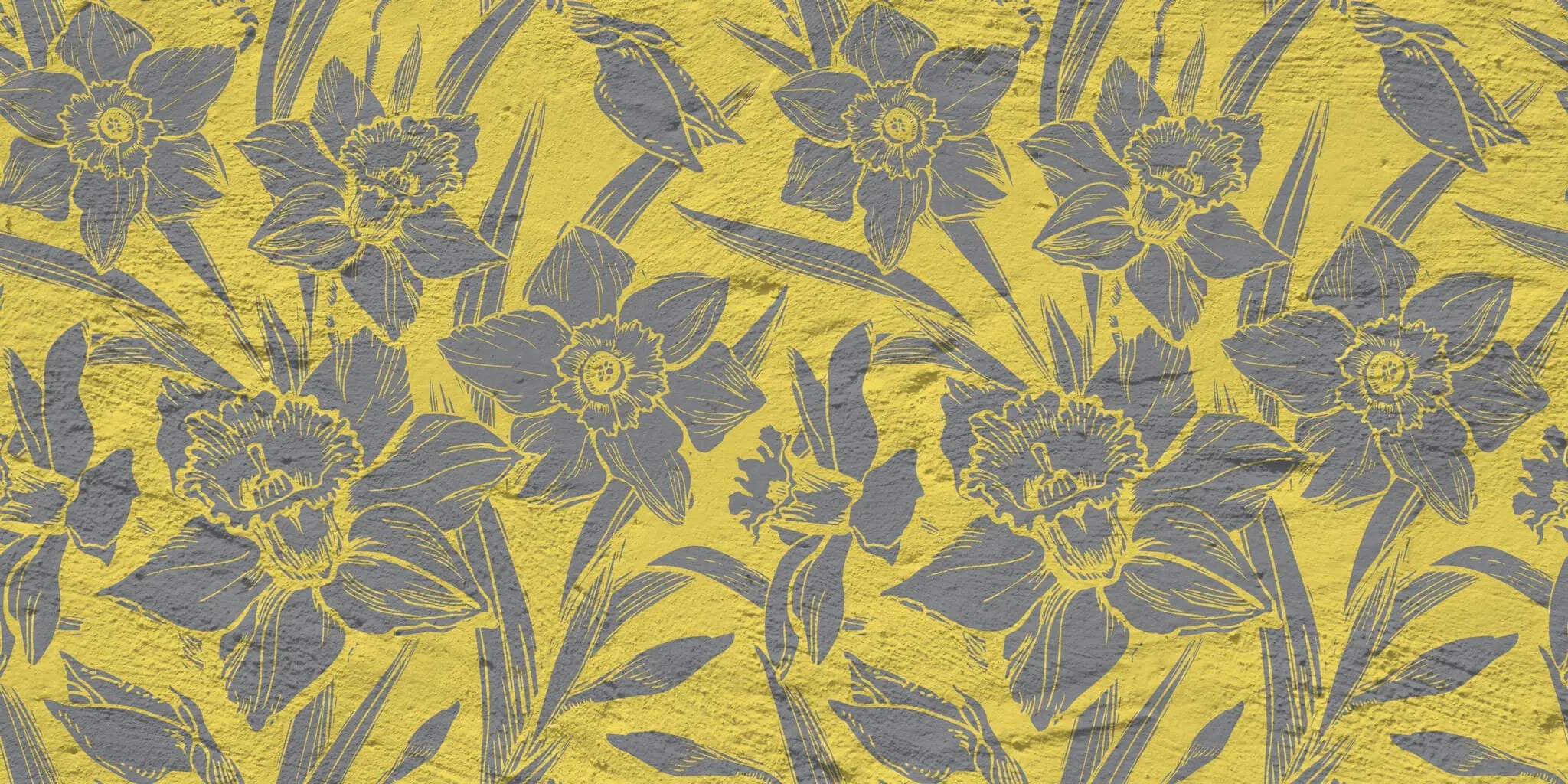 Tapet personalizat floral cu flori tropicale intr un contrast de galben gri cu efect de print pe beton in stil industrial tropical contrast
