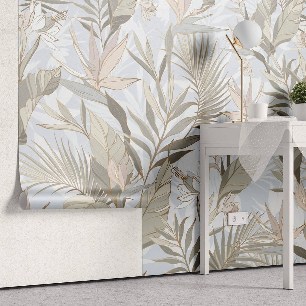 Tapet floral personalizat cu flori tropicale in culori pastelate tropical pastel
