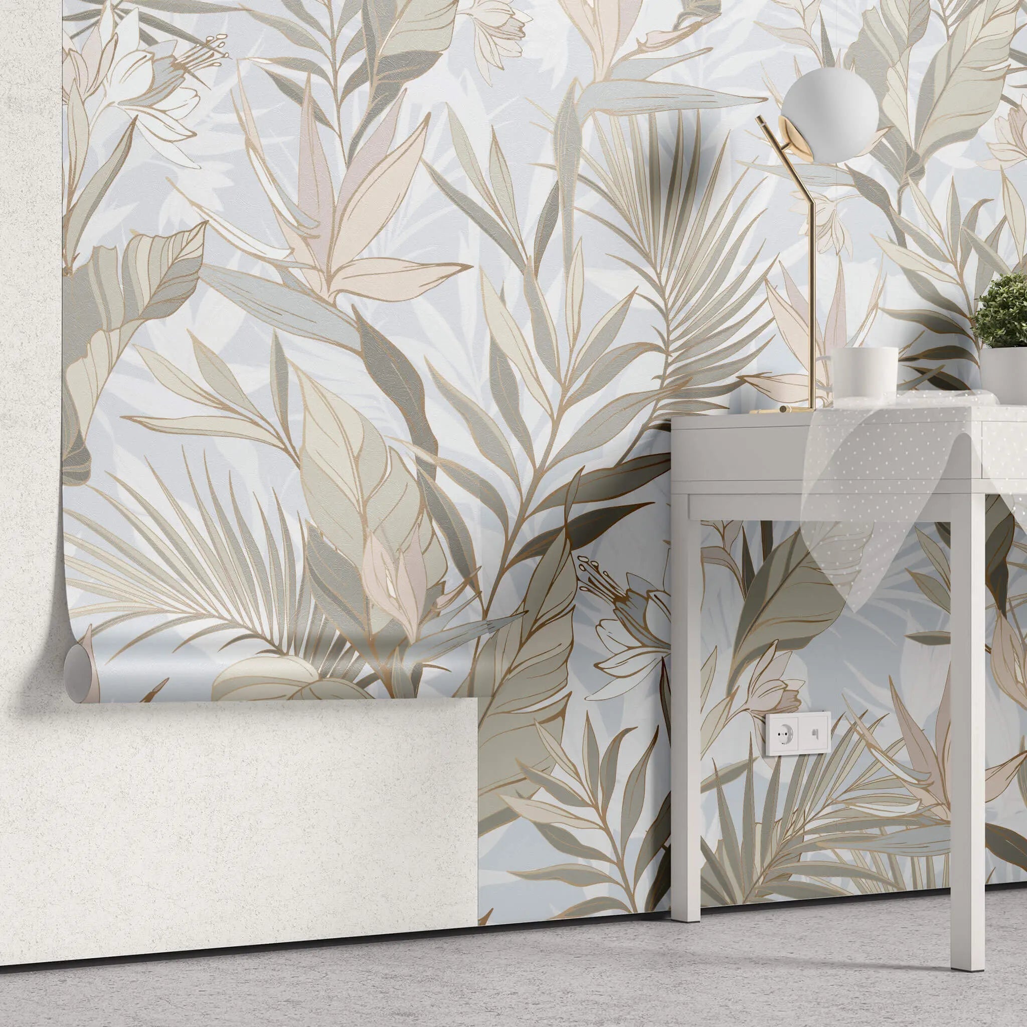 Tapet floral personalizat cu flori tropicale in culori pastelate tropical pastel