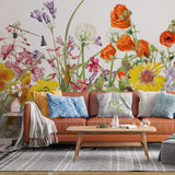 Tapet personalizat floral cu mix de flori salbatice de mac rosu crin peruan echinacea iris peacock moraea pe un fundal alb vibrant wilderness