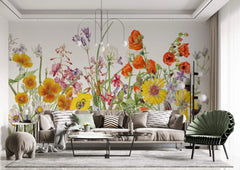 Tapet personalizat floral cu mix de flori salbatice de mac rosu crin peruan echinacea iris peacock moraea pe un fundal alb vibrant wilderness