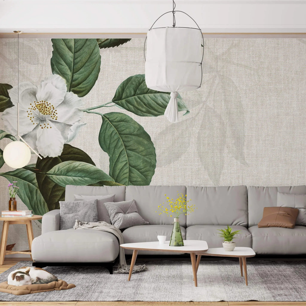 Tapet personalizat floral cu planta de iasomie sau lamaita pe un fundal texturat de panza white jasmin