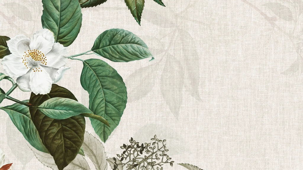Tapet personalizat floral cu planta de iasomie sau lamaita pe un fundal texturat de panza white jasmin