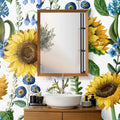 Tapet personalizat floral cu floarea soarelui si flori albastre salbatice de nu ma uita pe un fundal alb texturat wild sunflower