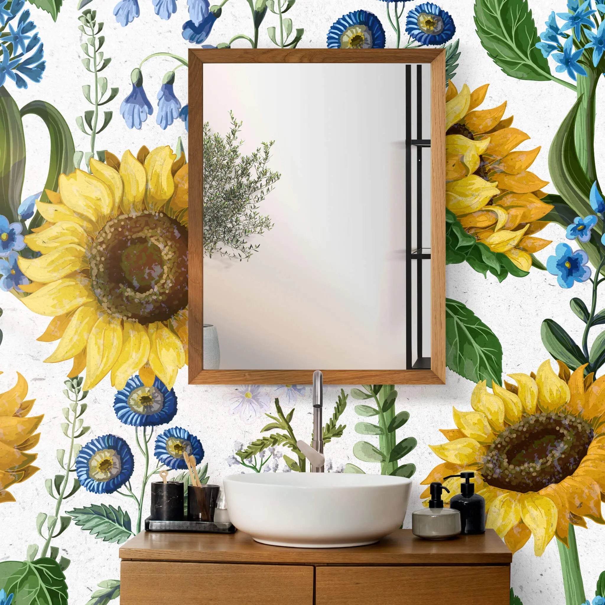 Tapet personalizat floral cu floarea soarelui si flori albastre salbatice de nu ma uita pe un fundal alb texturat wild sunflower