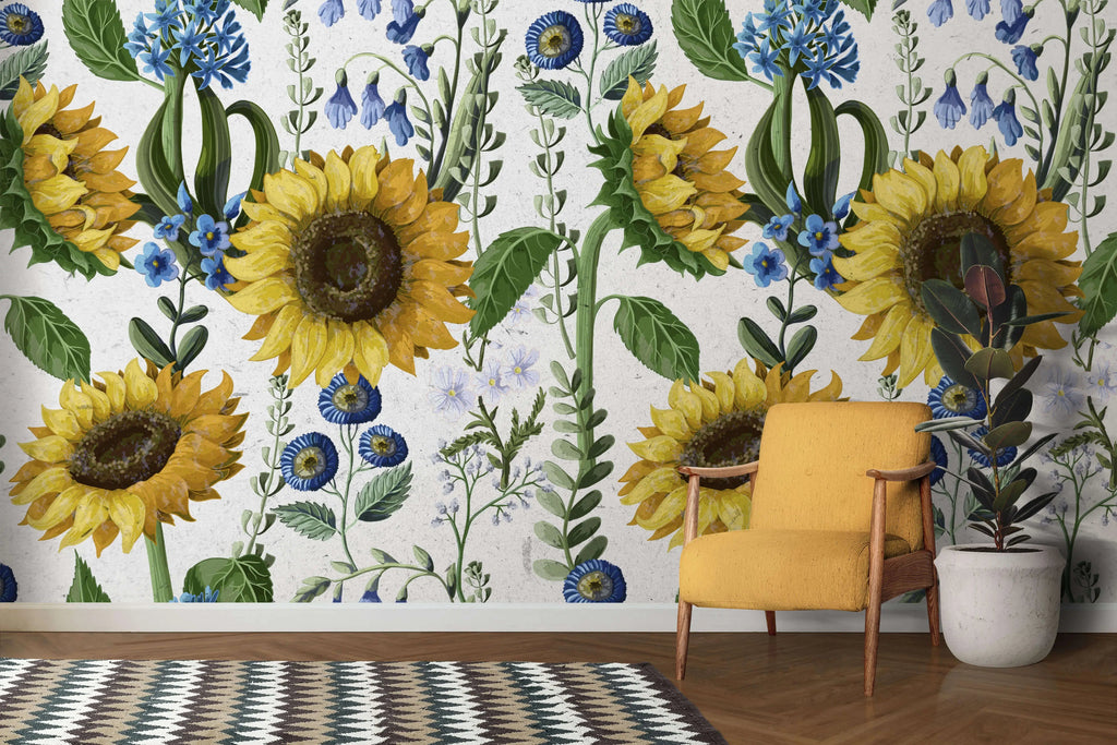 Tapet personalizat floral cu floarea soarelui si flori albastre salbatice de nu ma uita pe un fundal alb texturat wild sunflower