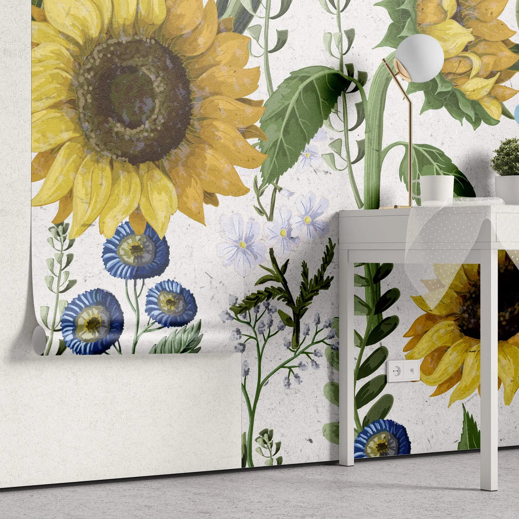 Tapet personalizat floral cu floarea soarelui si flori albastre salbatice de nu ma uita pe un fundal alb texturat wild sunflower