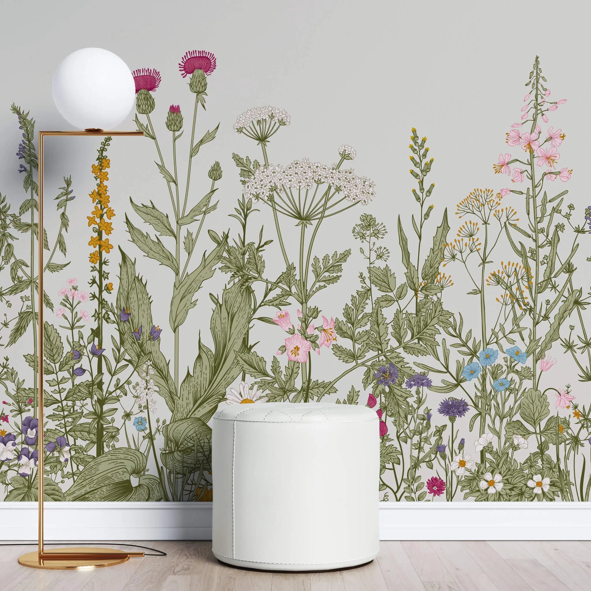 Tapet personalizat floral cu floarea soarelui si flori albastre salbatice de nu ma uita pe un fundal alb texturat wild flowers