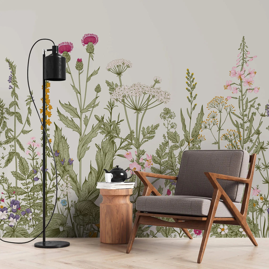 Tapet personalizat floral cu floarea soarelui si flori albastre salbatice de nu ma uita pe un fundal alb texturat wild flowers
