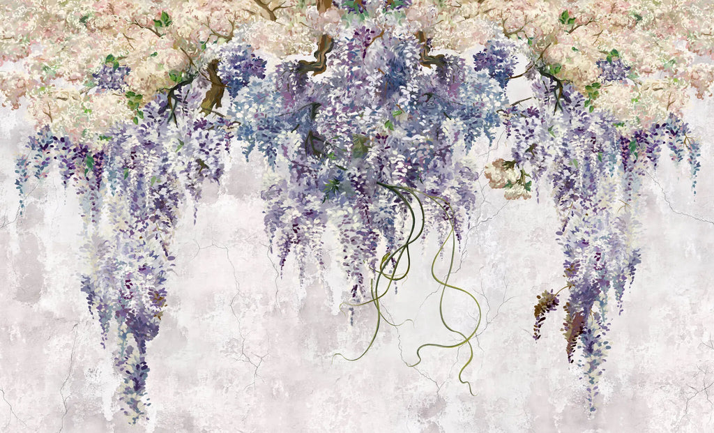 Tapet personalizat floral cu arborele wisteria in nuante de mov si rozaliu raspandit pe un perete de beton wisteria wall