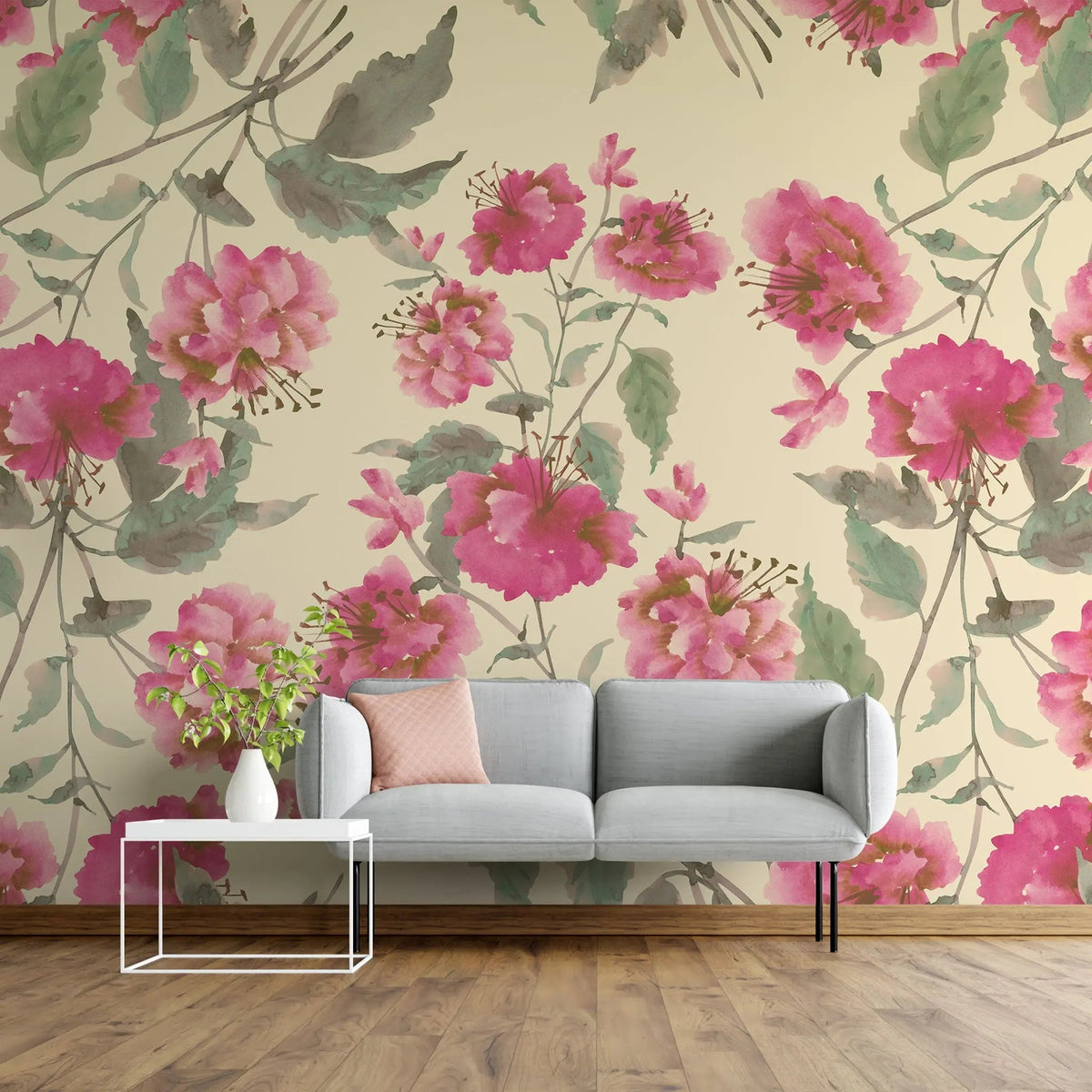Tapet personalizat floral cu flori de hibiscus in stil retro retro hibiscus