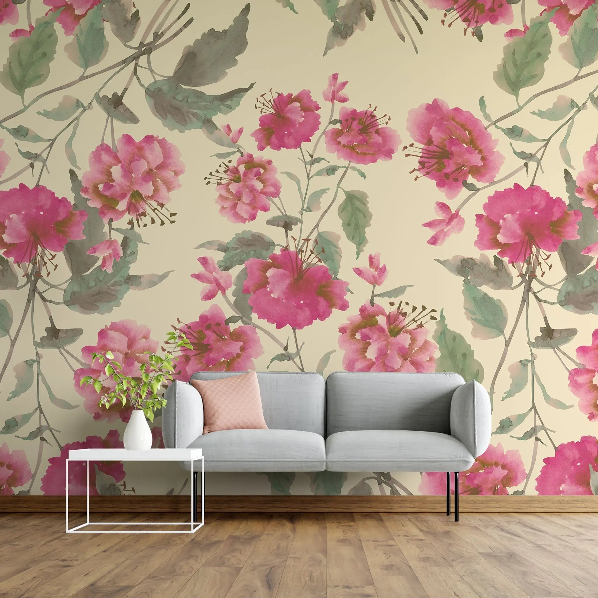 Tapet personalizat floral cu flori de hibiscus in stil retro retro hibiscus