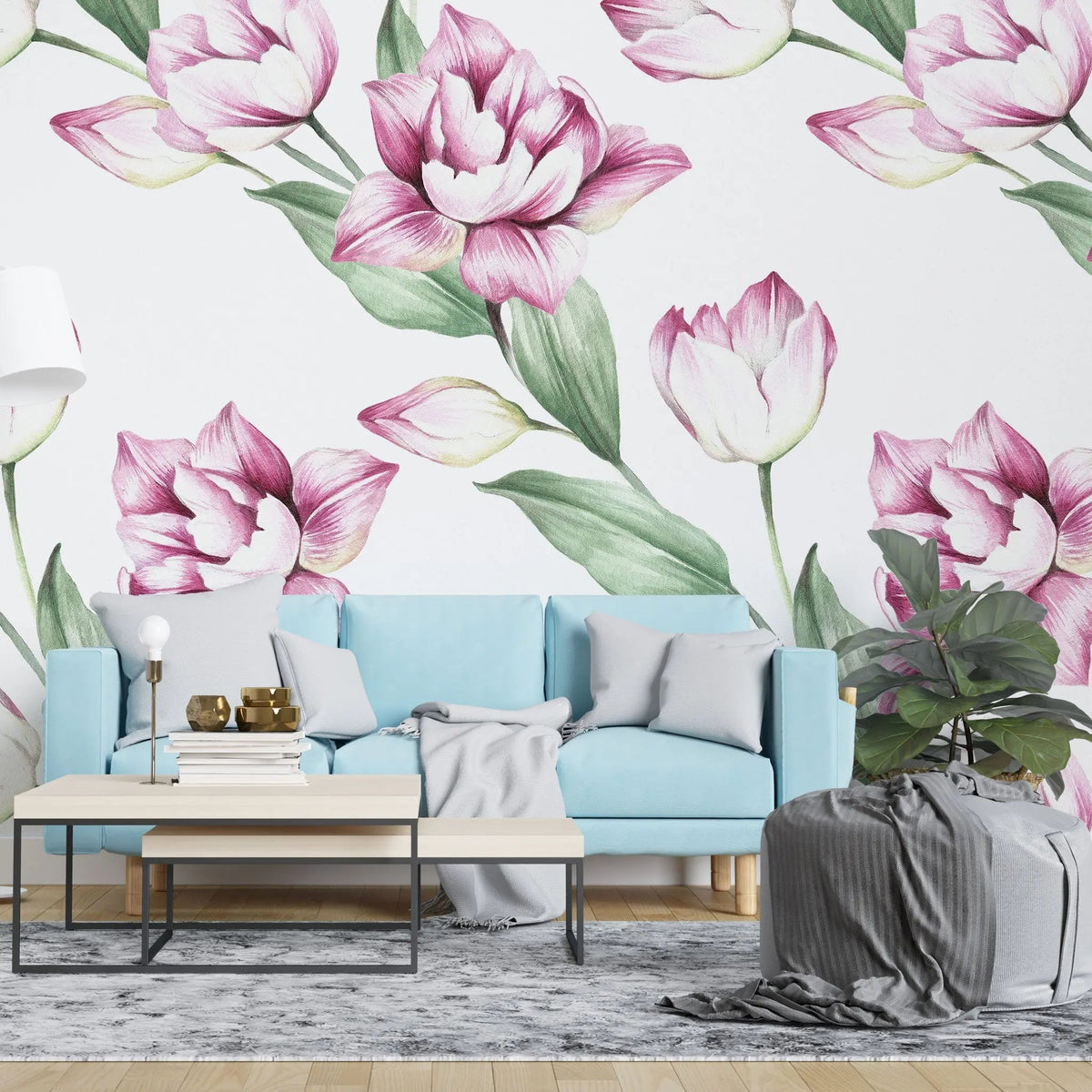 Tapet personalizat floral cu lalele roz inflorite bloomed tulips