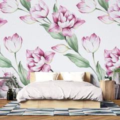 Tapet personalizat floral cu lalele roz inflorite bloomed tulips
