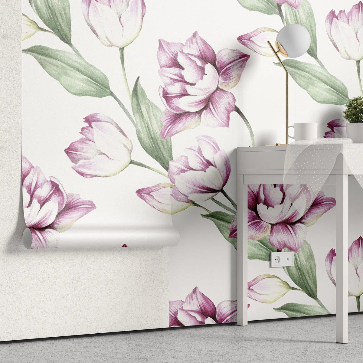 Tapet personalizat floral cu lalele roz inflorite bloomed tulips