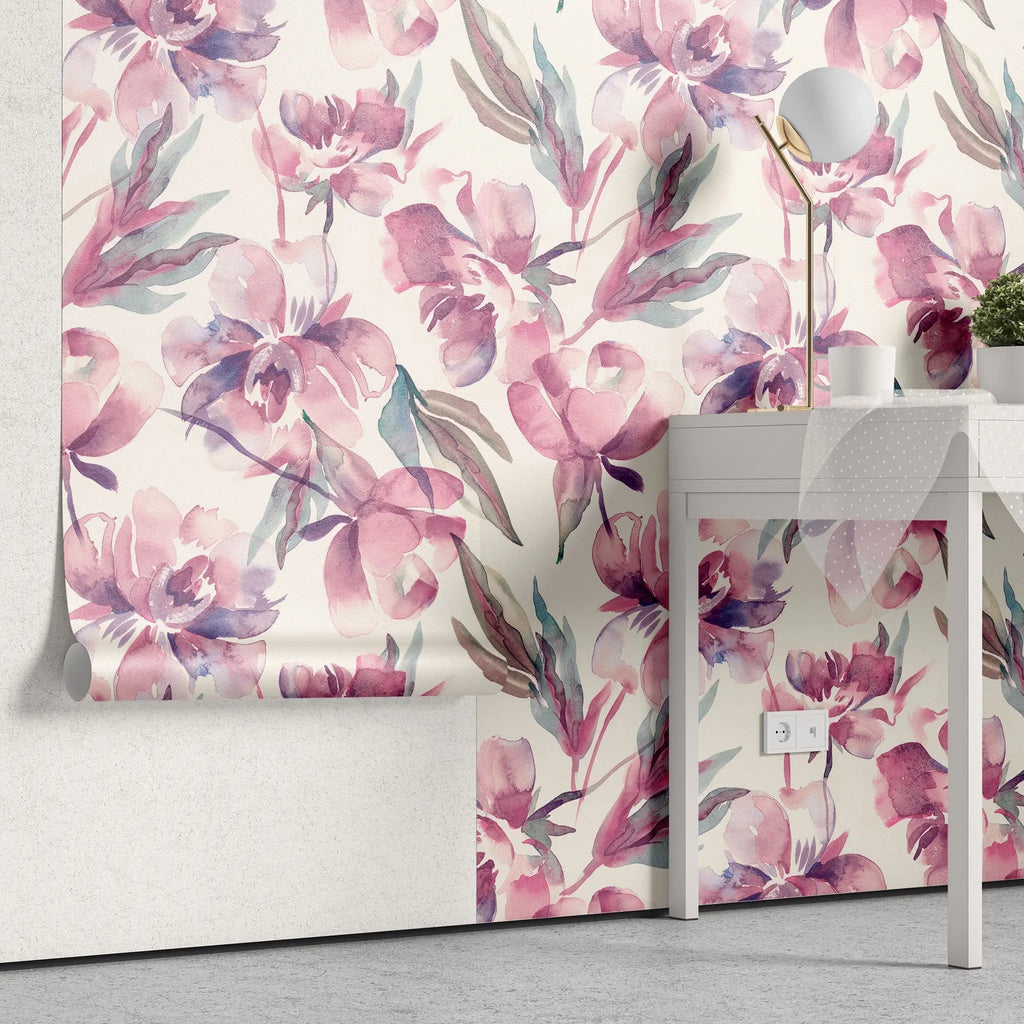 Tapet personalizat floral cu flori roz pictate in stil watercolor pink watercolored flowers