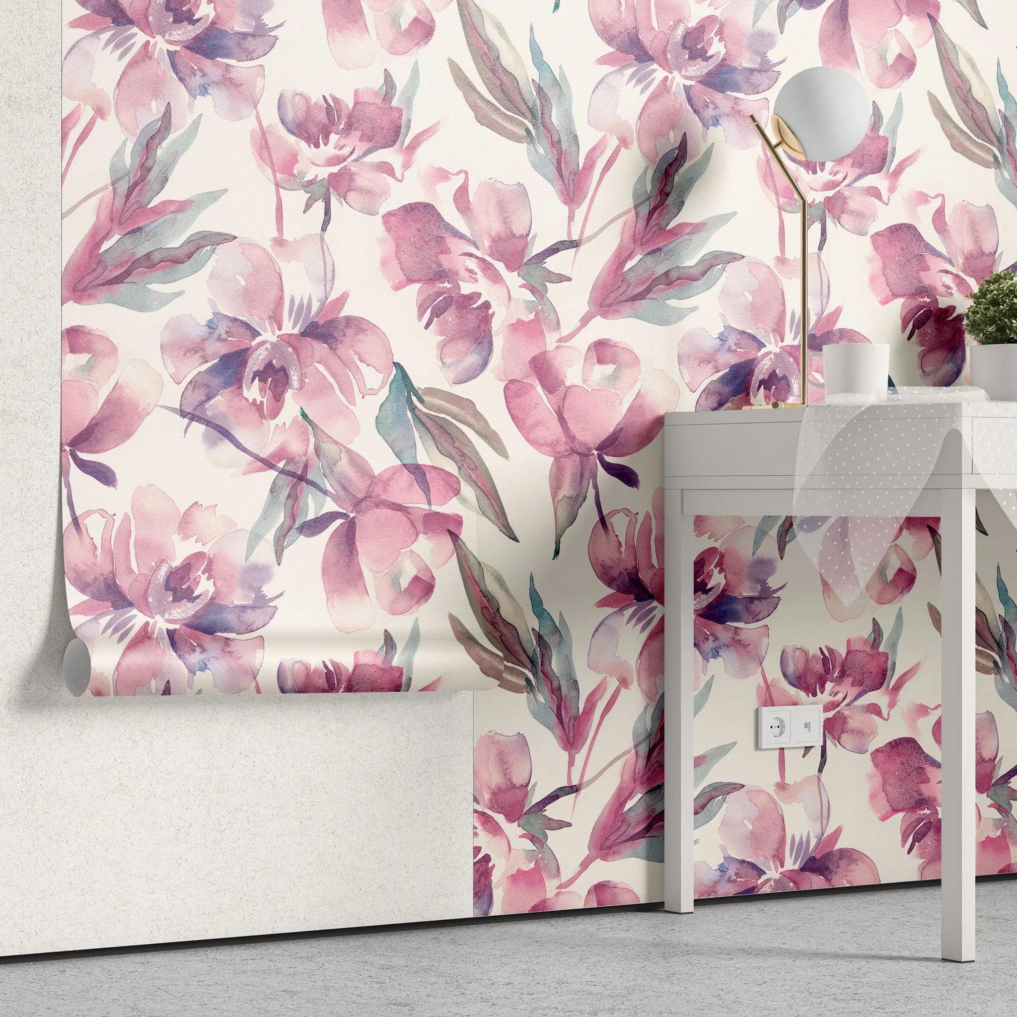 Tapet personalizat floral cu flori roz pictate in stil watercolor pink watercolored flowers