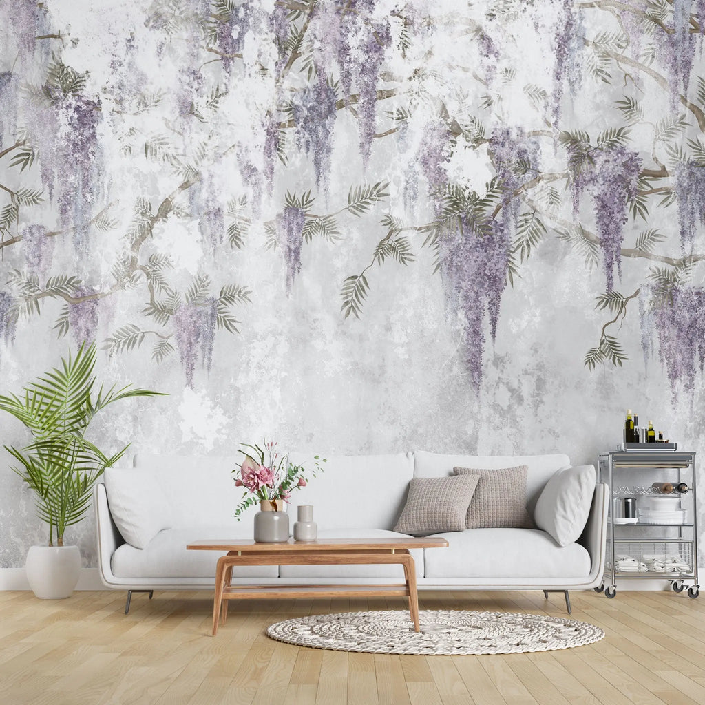 Tapet personalizat floral cu wisteria pe un perete din beton concrete wisteria