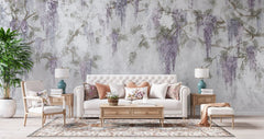 Tapet personalizat floral cu wisteria pe un perete din beton concrete wisteria