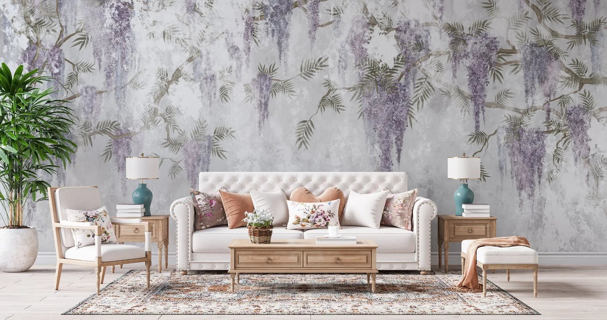 Tapet personalizat floral cu wisteria pe un perete din beton concrete wisteria