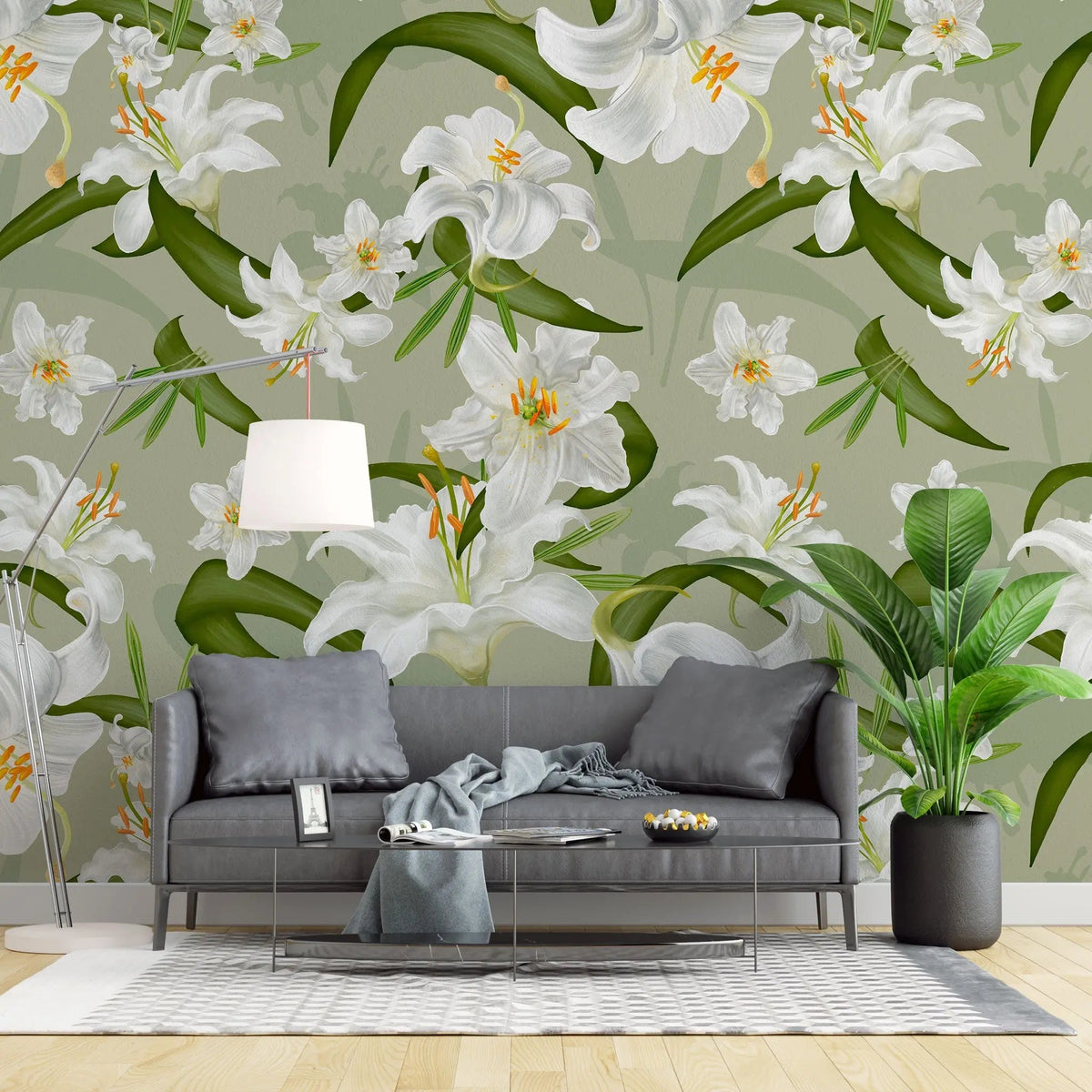 Tapet personalizat floral cu crini albi pe un fundal verde green lily