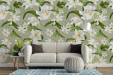 Tapet personalizat floral cu crini albi pe un fundal verde green lily