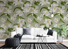 Tapet personalizat floral cu crini albi pe un fundal verde green lily