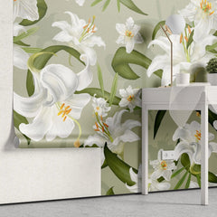 Tapet personalizat floral cu crini albi pe un fundal verde green lily