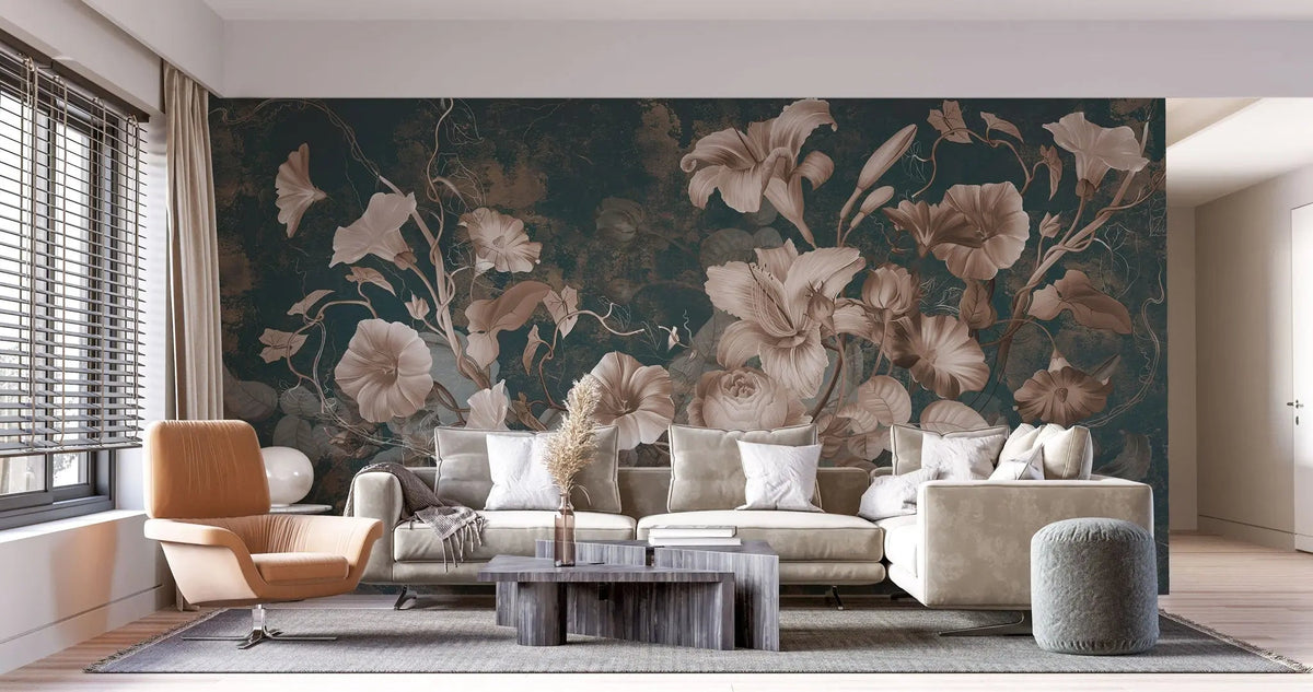Tapet personalizat floral cu flori in stil clasicist pe un fundal inchis classy floral