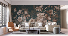 Tapet personalizat floral cu flori in stil clasicist pe un fundal inchis classy floral