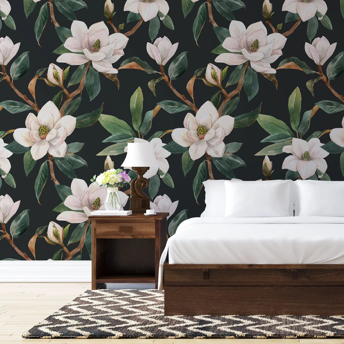 Tapet personalizat floral cu flori in stil clasicist pe un fundal inchis classy floral