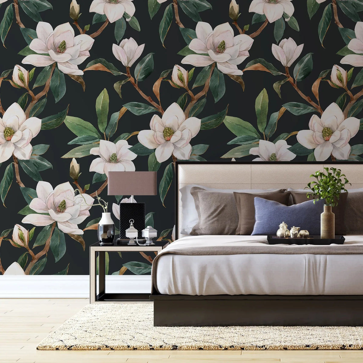 Tapet personalizat floral cu flori in stil clasicist pe un fundal inchis classy floral