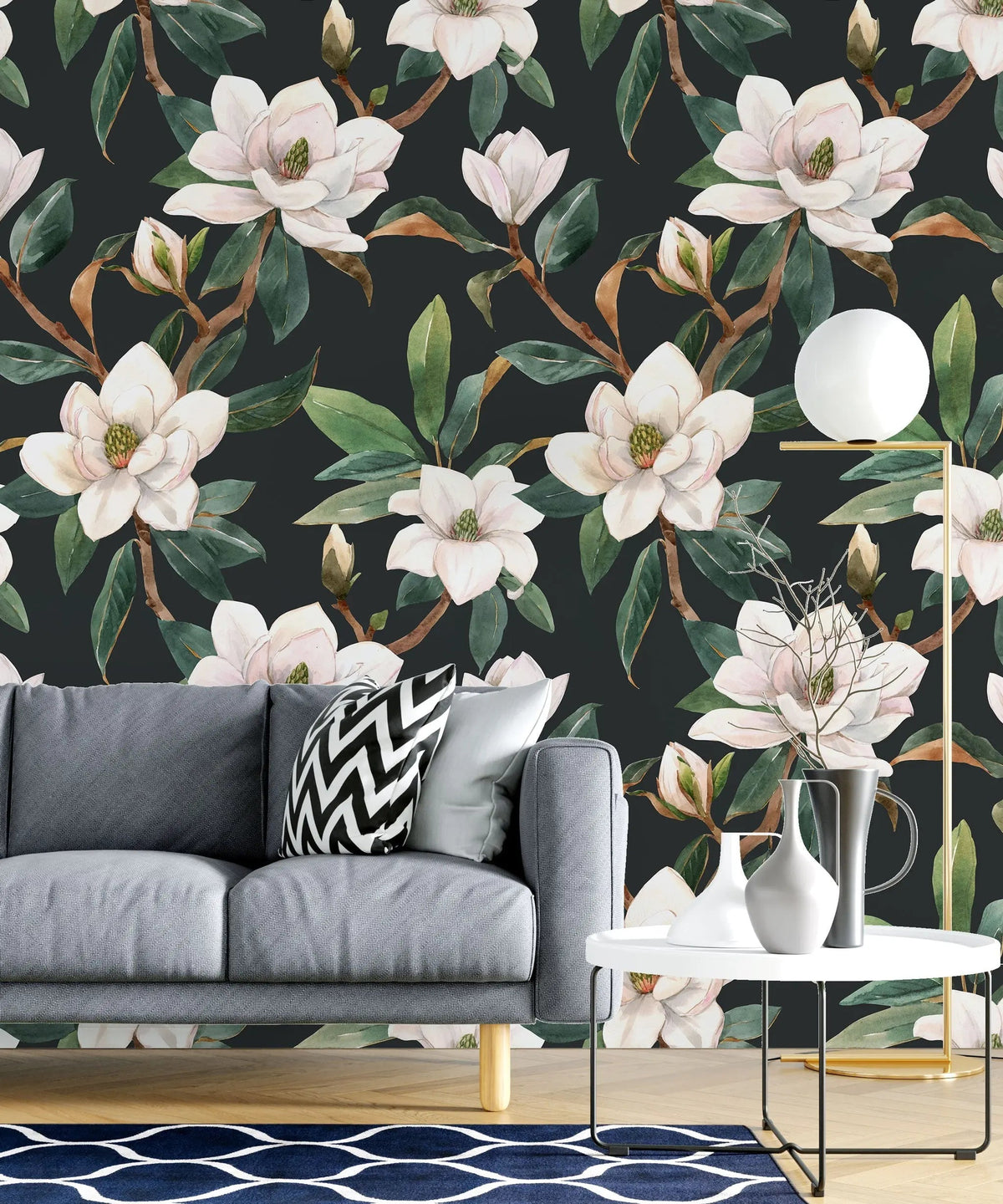 Tapet personalizat floral cu flori in stil clasicist pe un fundal inchis classy floral