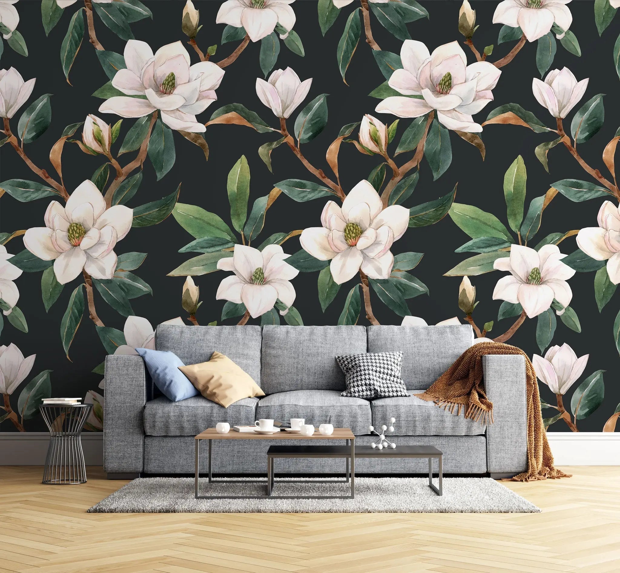 Tapet personalizat floral cu flori in stil clasicist pe un fundal inchis classy floral