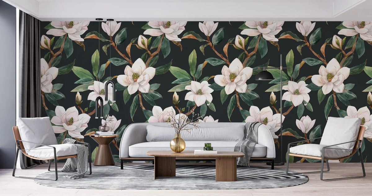 Tapet personalizat floral cu flori in stil clasicist pe un fundal inchis classy floral