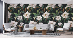 Tapet personalizat floral cu flori in stil clasicist pe un fundal inchis classy floral