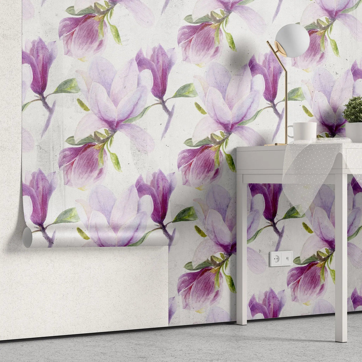 Tapet personalizat floral cu flori de magnolia liliflora pe un fundal alb magnolia liliiflora