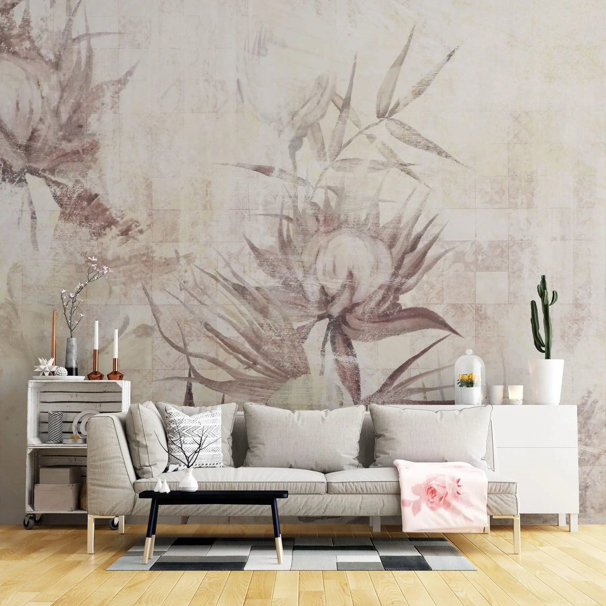 Tapet personalizat floral cu flori fade pe un fundal bej faiantat faded tile flowers