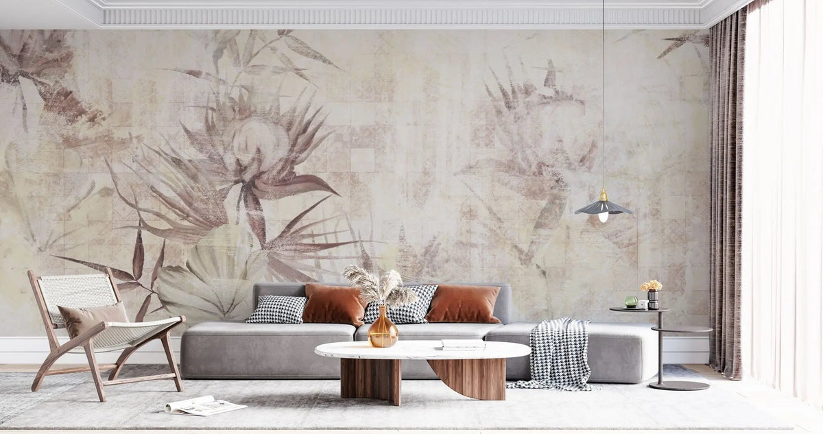 Tapet personalizat floral cu flori fade pe un fundal bej faiantat faded tile flowers